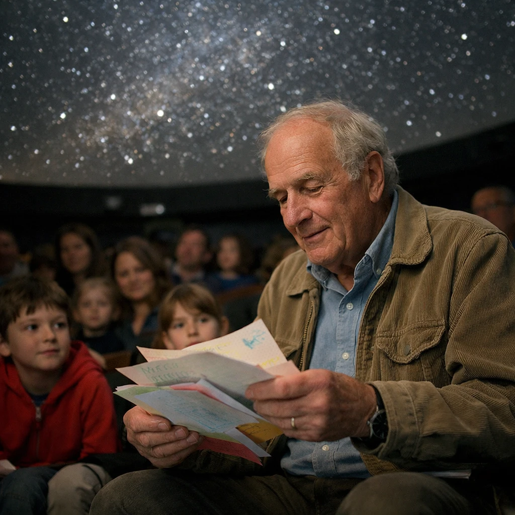 星空が映し出されたプラネタリウムで、おじいさんが子どもたちの手紙を朗読している様子。