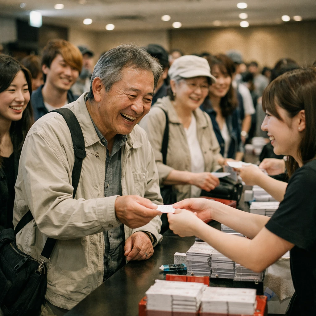 都内のイベント会場で受付に並び、特別なチケットを受け取る幅広い年代のファンたちの様子。