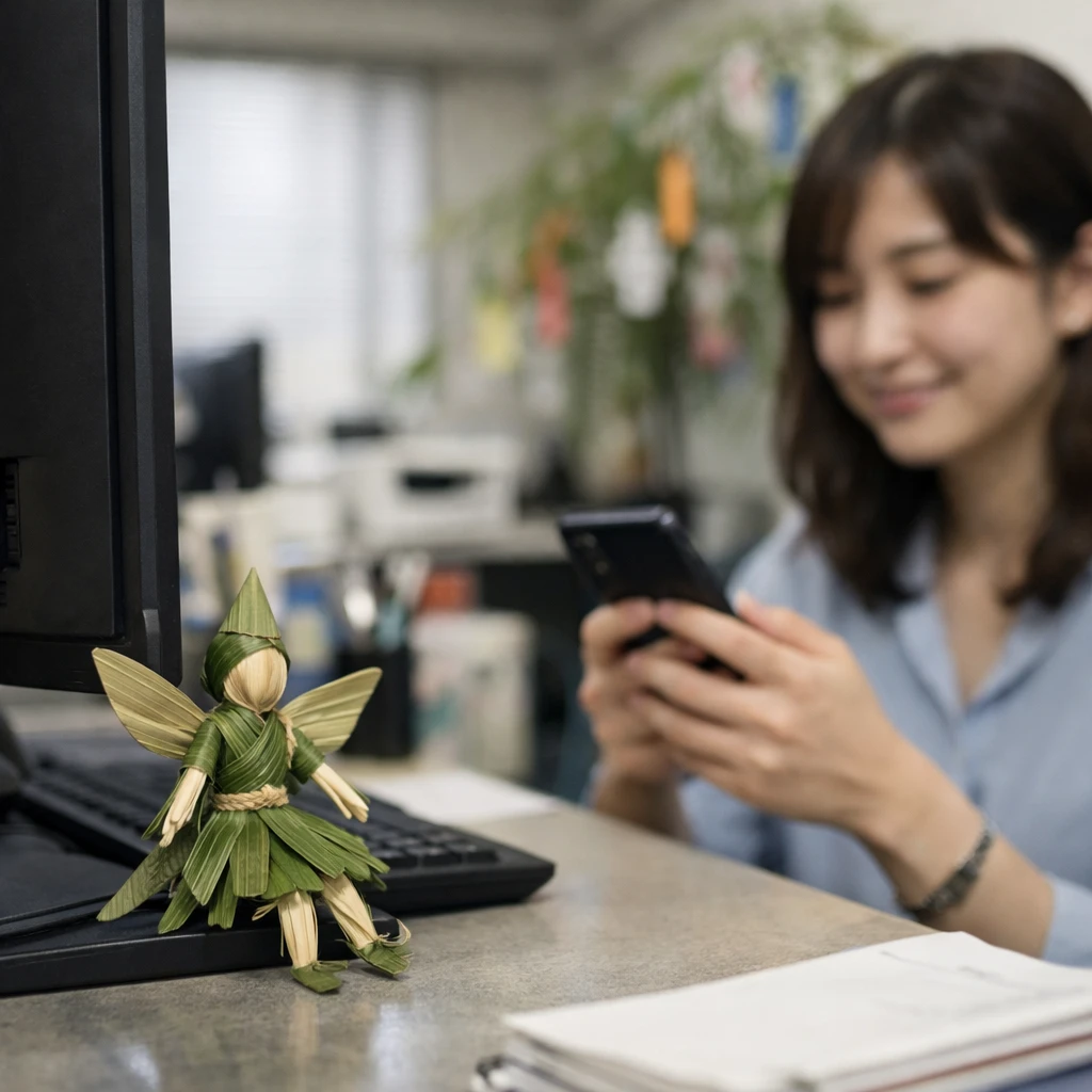 オフィスの営業デスクに飾られた笹の葉で作られた小さな妖精人形と、それを見つめて微笑む若い女性社員の写真。