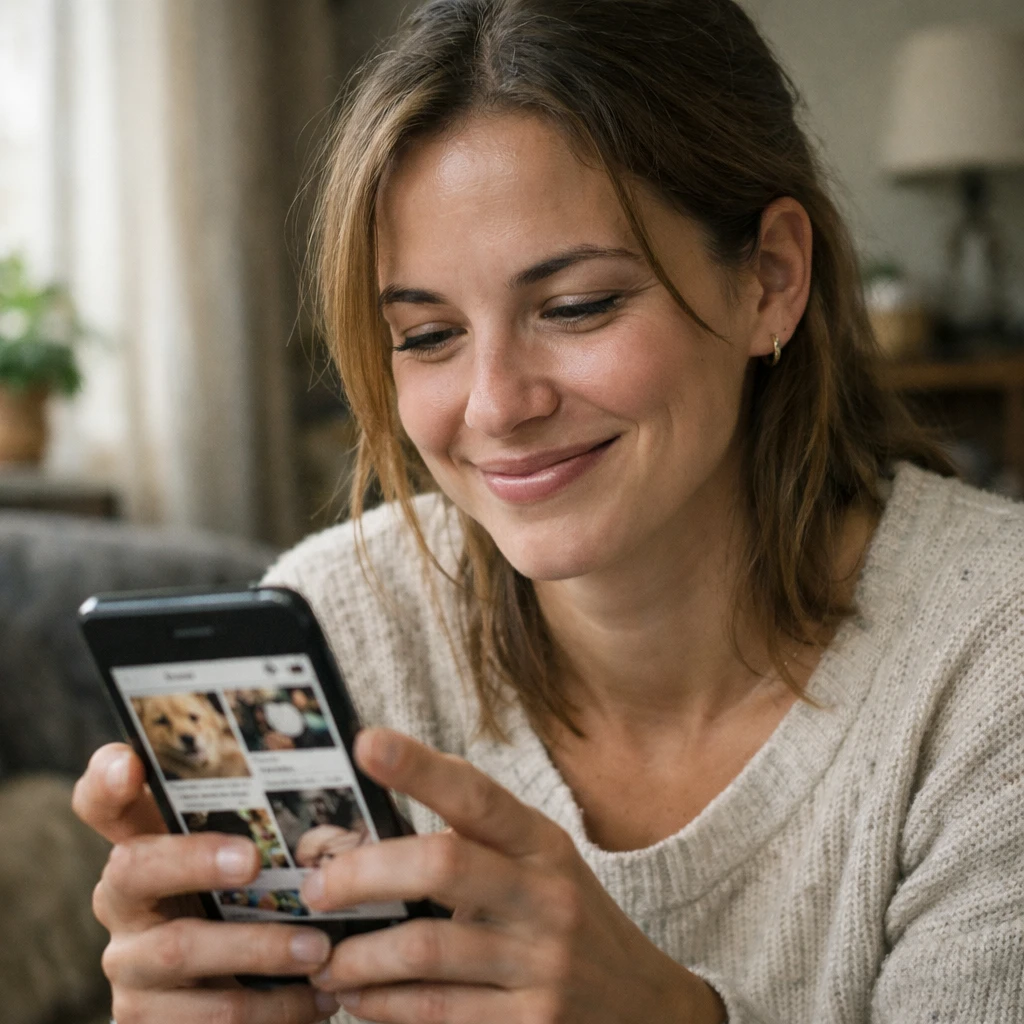 自宅のソファでスマートフォンを見ながら優しく微笑む若い女性の様子。