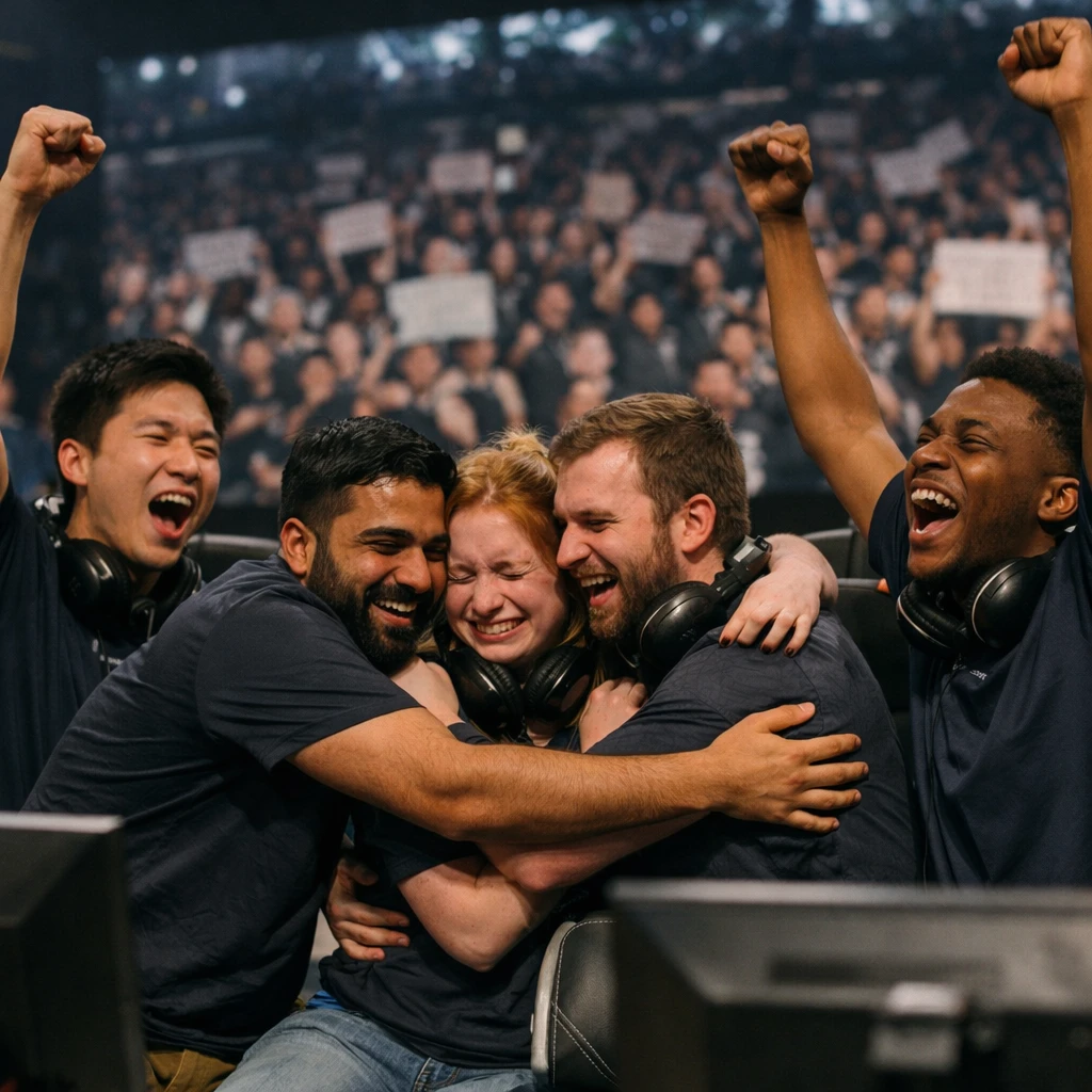 eスポーツ大会のステージ上で喜び合う5人のアマチュアチームメンバーたちの写真