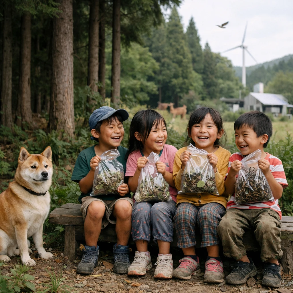 森のベンチで集めた落ち葉や小枝を持ちながら座る子どもたちと、そのそばで見守る柴犬の様子。