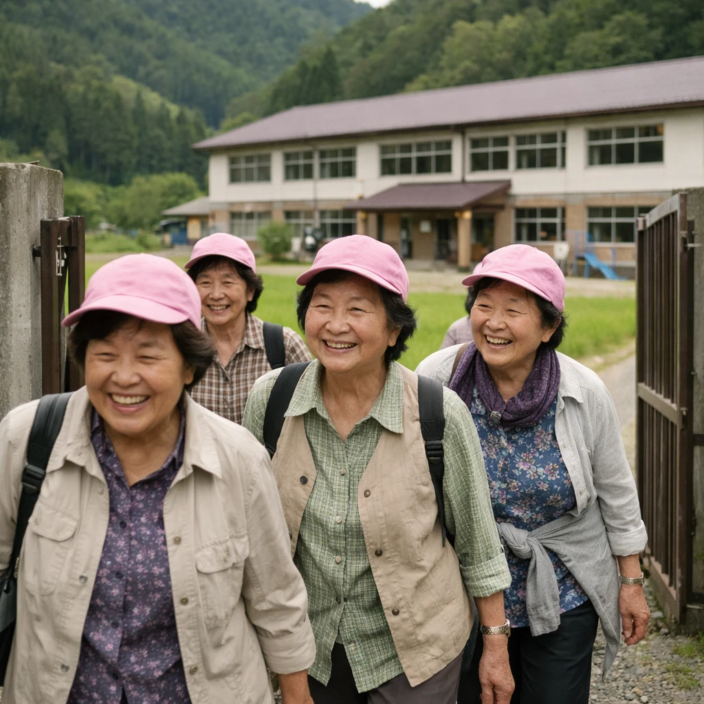 ピンク色の入学帽をかぶった高齢の日本人女性たちが、緑豊かな田園に囲まれた校門を笑顔でくぐっている様子の写真。