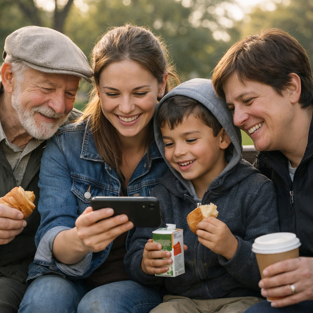 多世代の人々が公園のベンチで朝食を分け合いながらスマートフォンを囲み、笑顔を見せている様子の写真。
