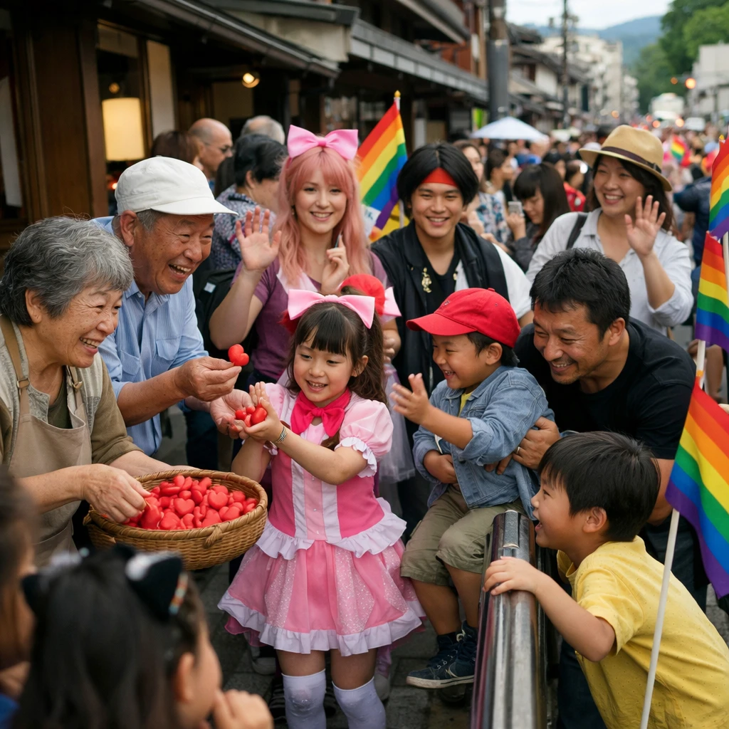 京都中心部の歩道で、コスプレ衣装の若者や一般の人々が笑顔で手を振り合い、虹色の旗に囲まれた賑やかなパレードの一場面。
