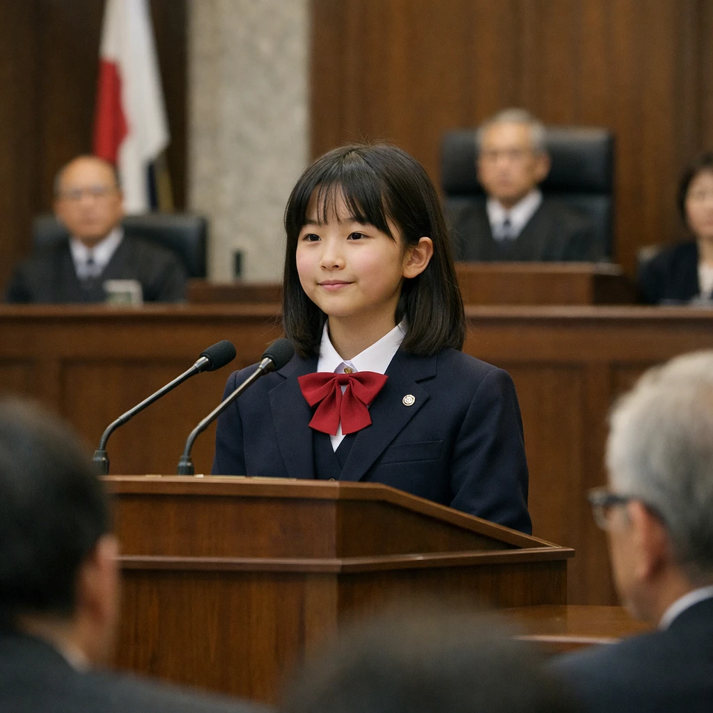 国会議事堂内の臨時法廷で演壇に立ち発表する制服姿の11歳の少女と熱心に耳を傾ける大人たちの様子。