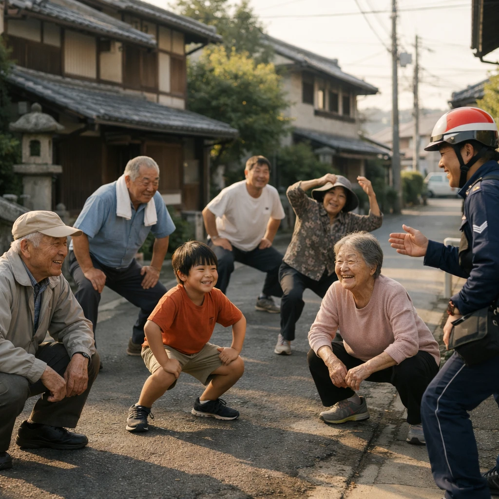奈良の住宅街で家の前に集まり、家族や近隣住民が一緒にスクワットなどの運動をしている様子の写真。