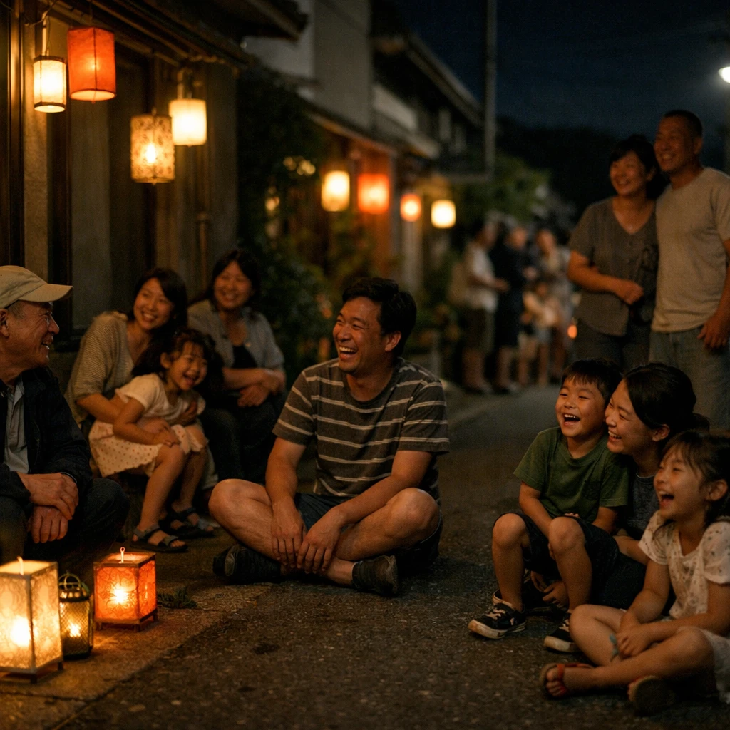夜の住宅街で色とりどりの手作りランタンに照らされて、家族や近所の人たちが笑顔で集まっている様子。