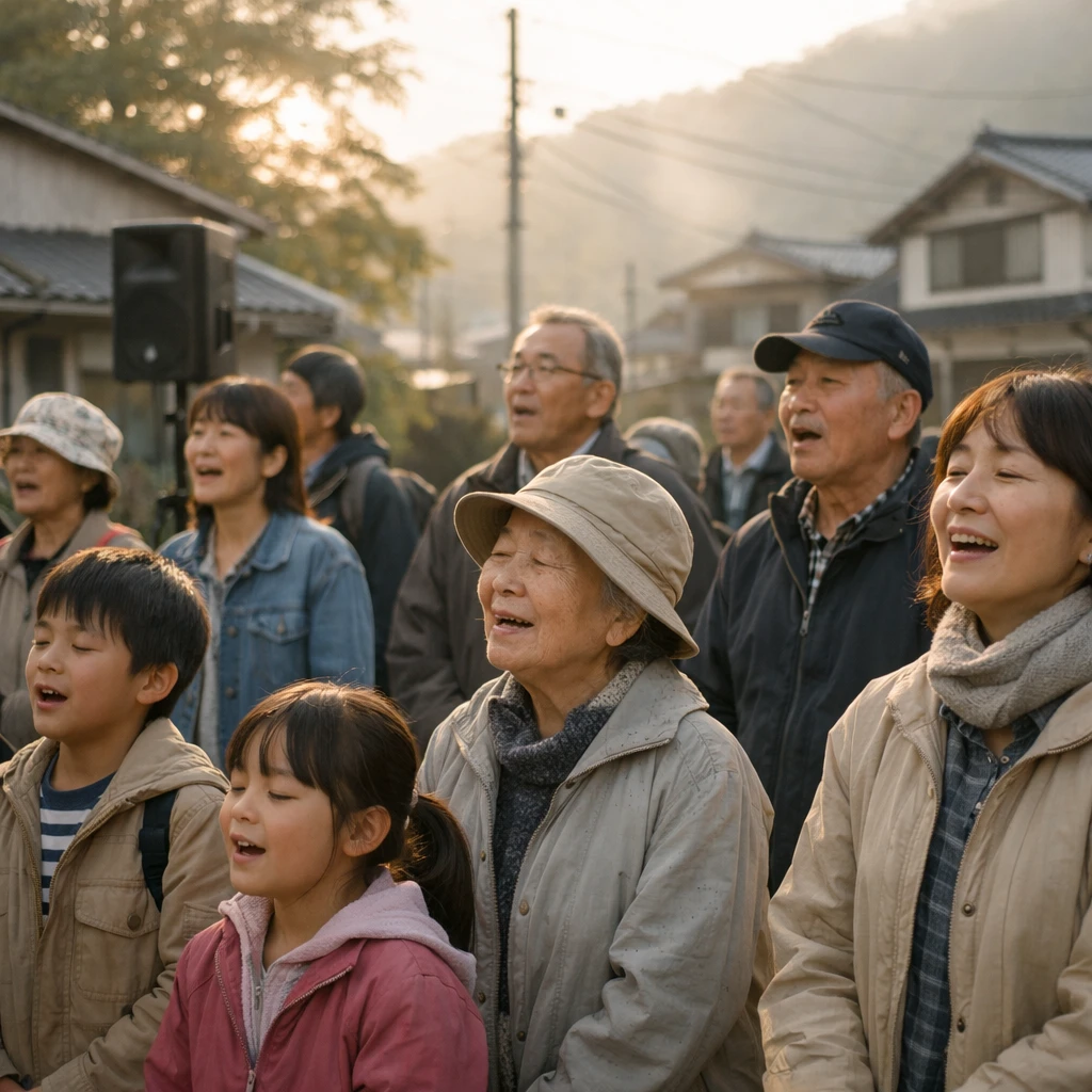 日本の小さな町で朝日を浴びながら多世代の住民が屋外で一緒に歌っている様子の写真。