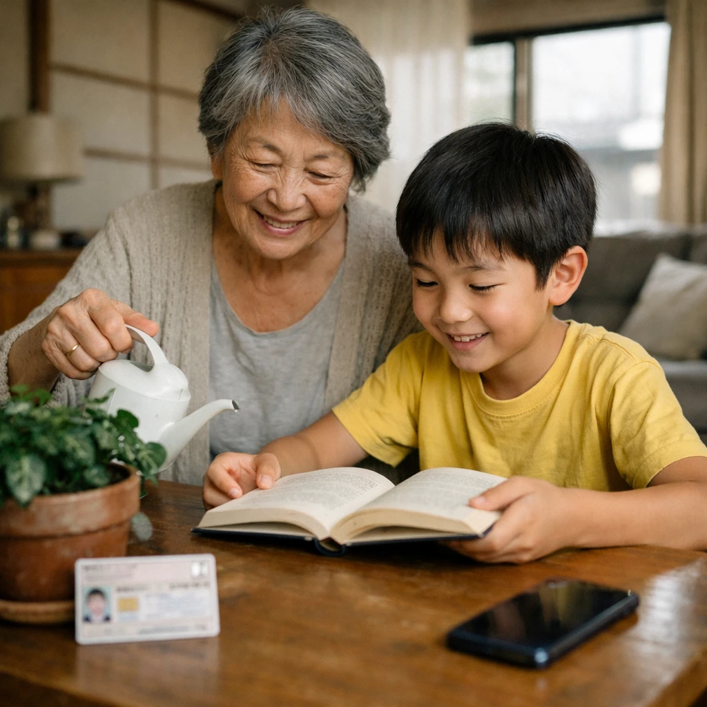明るい和風の居間で高齢女性と小学生の男の子が一緒に植物の水やりや読書をしながら笑顔を見せている写真。