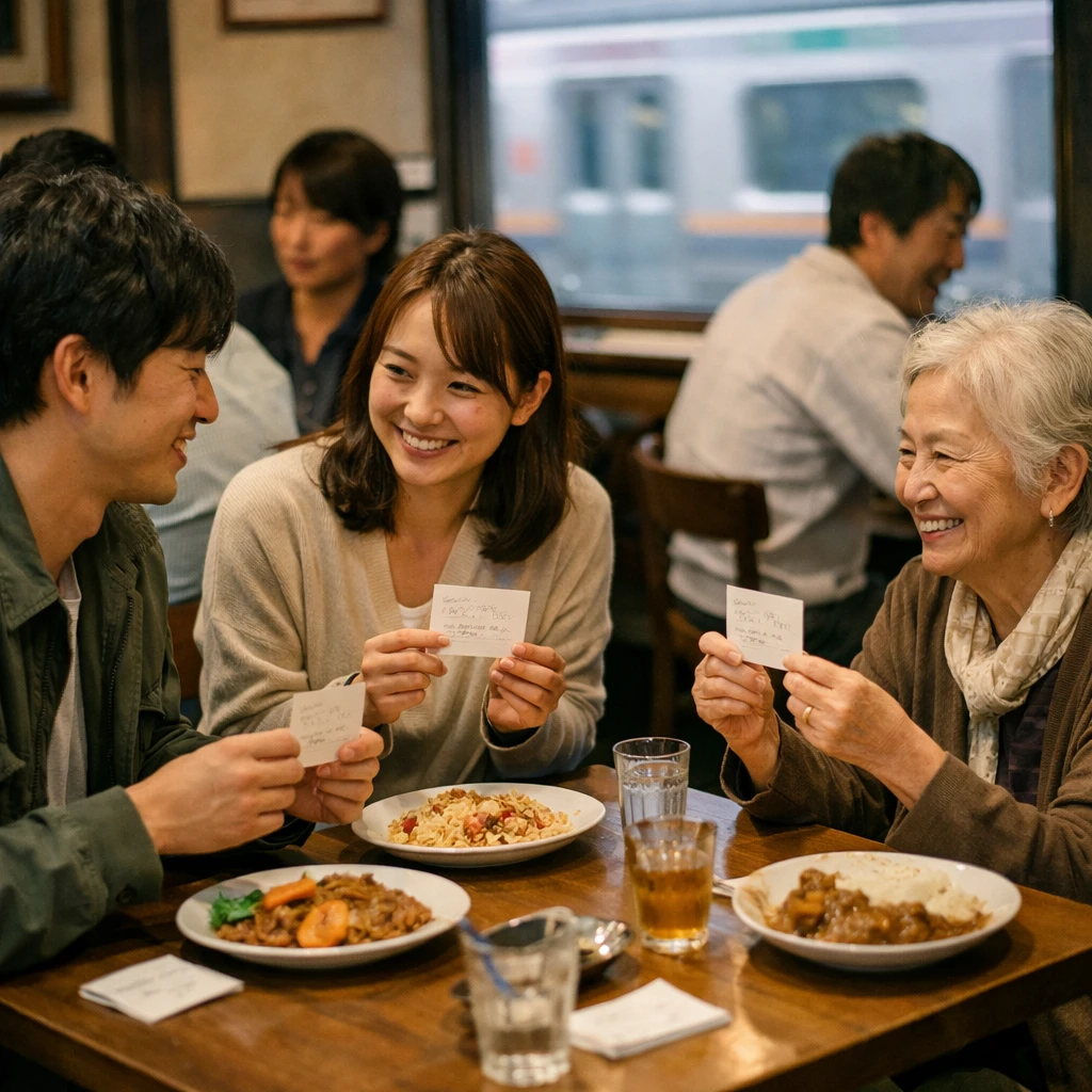 おしごとほっとカフェの店内で、様々な年代の人々が手作り料理と職歴カードを囲みながら会話している様子。