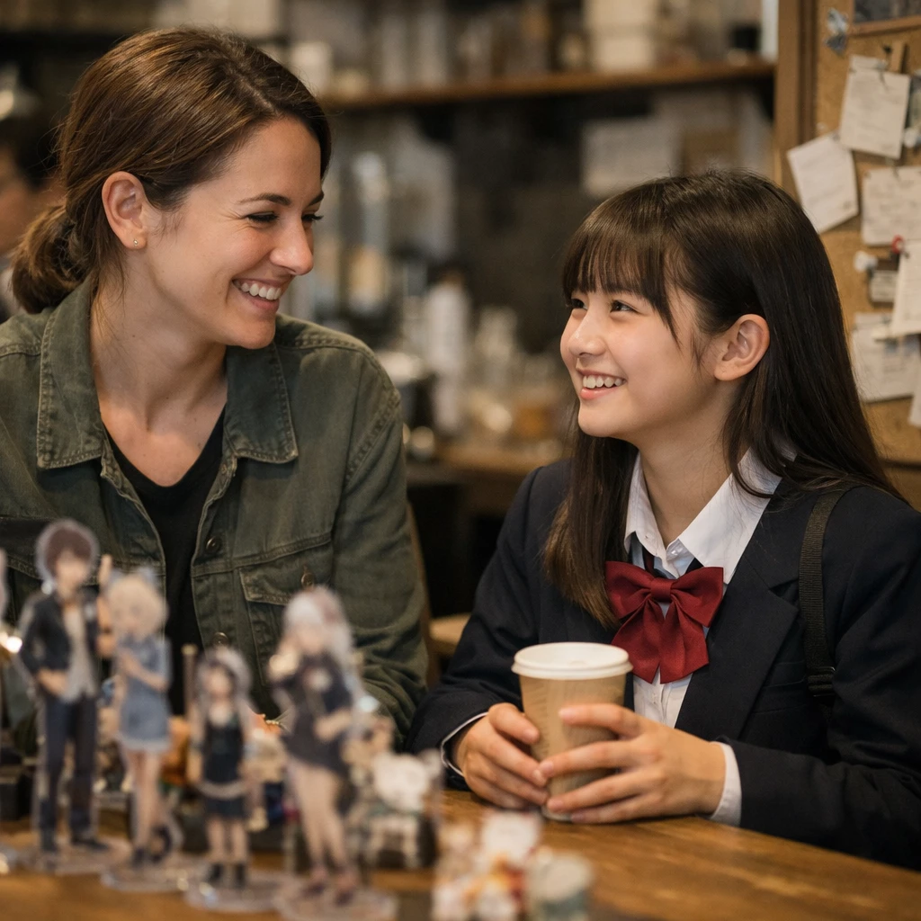 カフェのカウンターでアクリルスタンドや手書きメモを手に語り合う女性二人の自然な様子。