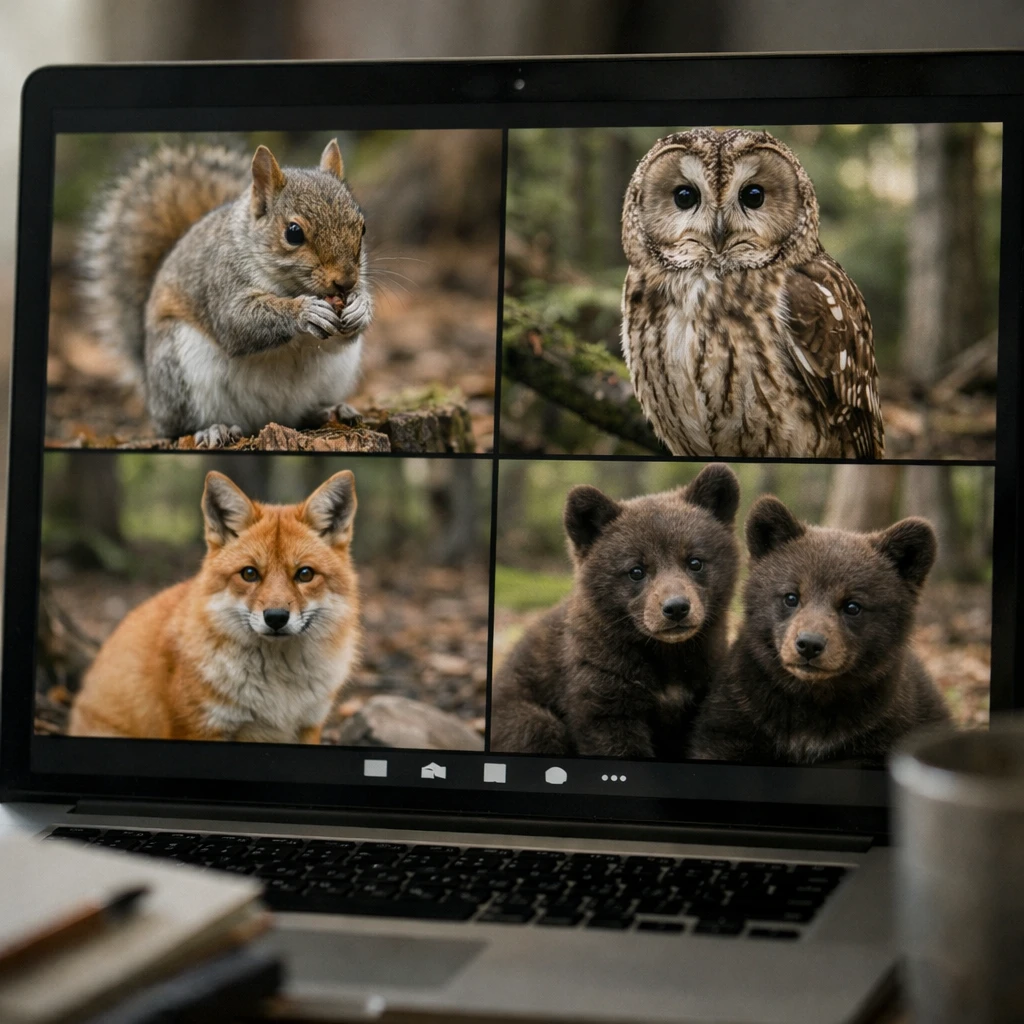 ノートパソコンの画面にリモート会議のインターフェースと森の動物たちのライブ映像が同時に映し出されている様子。