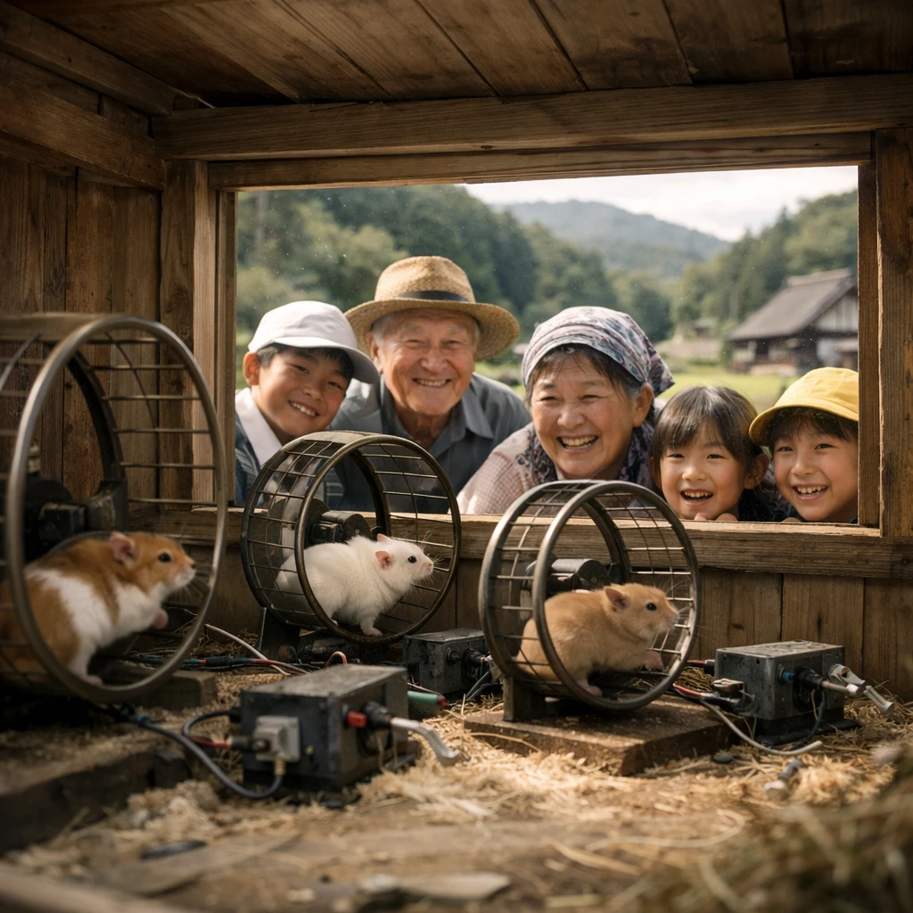 手作りの木製ハムスター小屋の中で大型回し車を走るハムスターたちを、外から子供とお年寄りが微笑みながら見守っている様子。