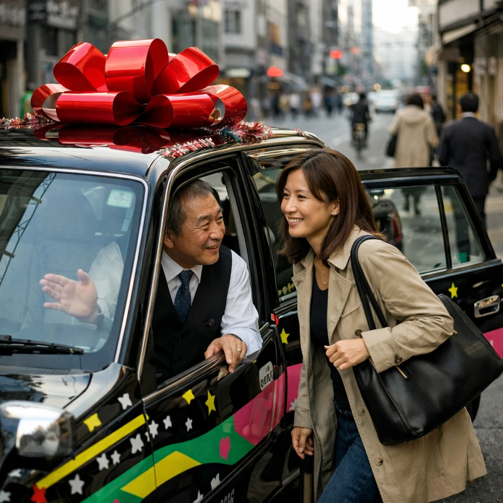 赤いリボンをつけたタクシーが日本の大通りに停まり、女性乗客が笑顔で降りる瞬間を写した写真。