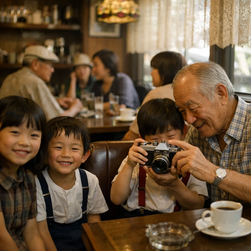 昭和レトロな喫茶店の店内で三世代が集い、子どもがフィルムカメラを教わる温かな光景。