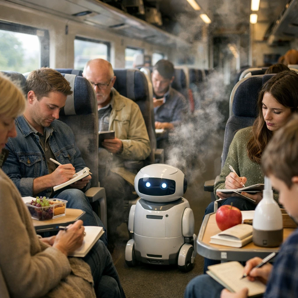 車内でノートを手に穏やかにくつろぐ利用客たちと、アロマミストやロボット案内がある現代的な列車の一場面。