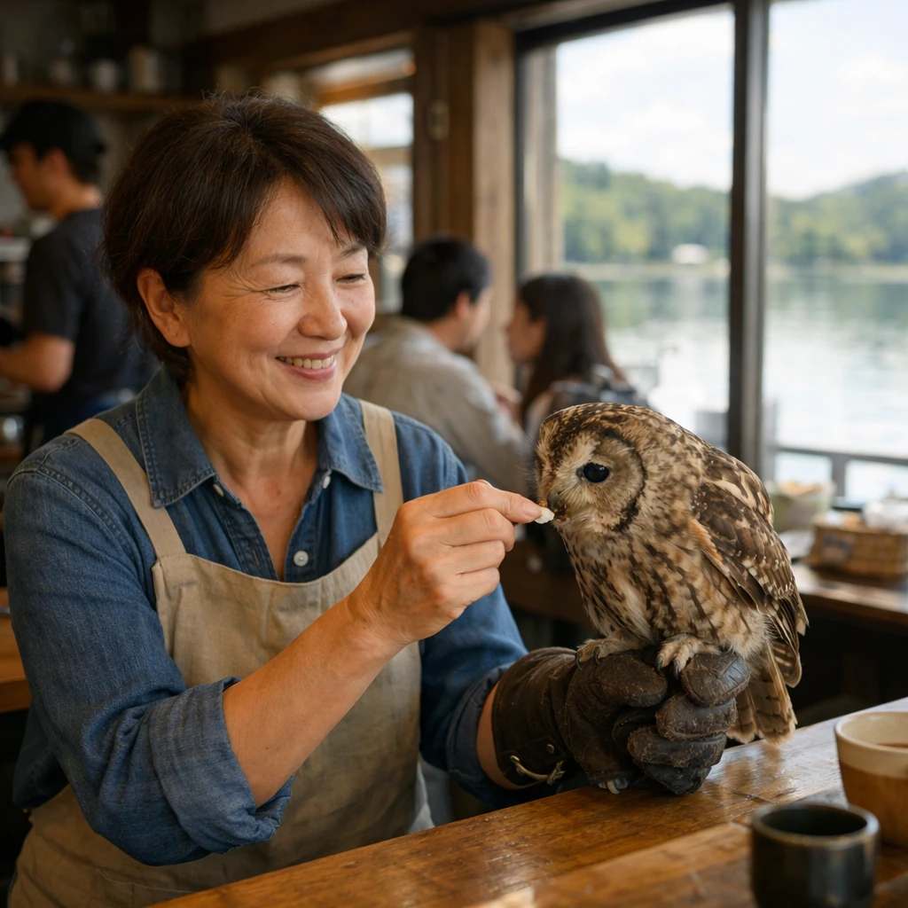 湖畔のカフェでエプロン姿の女性が手に乗せたフクロウに餌をあげている様子の写真。