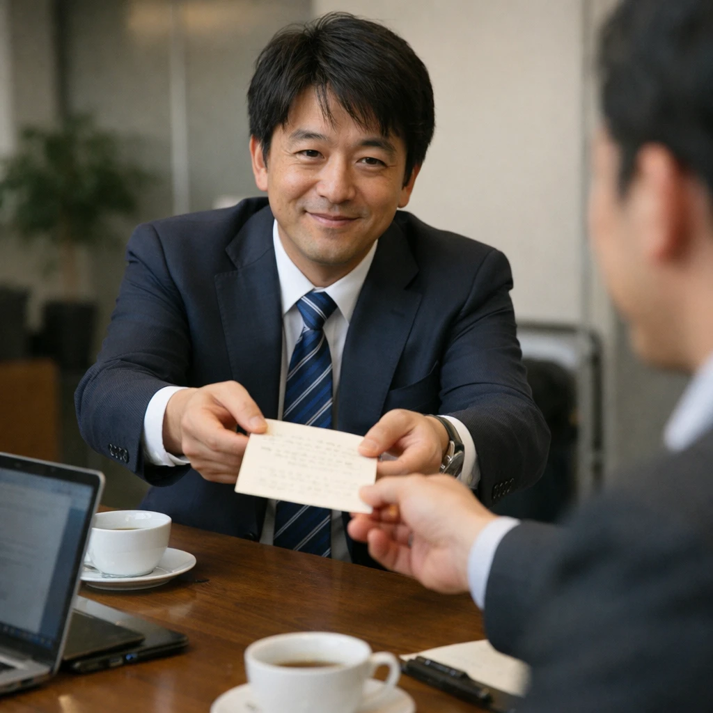 日本のオフィスで手書きの感謝状を手渡すビジネスマンたちの自然な様子。