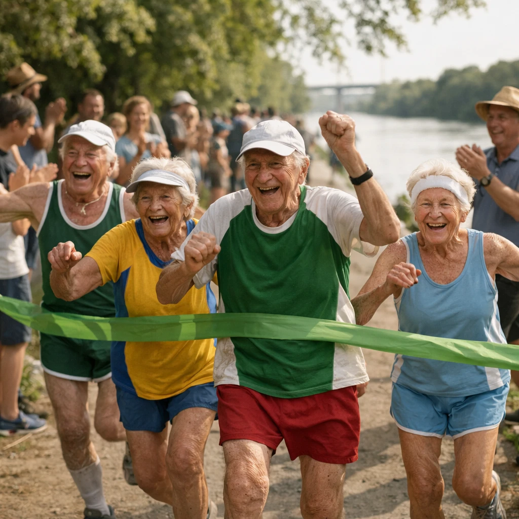 初夏の多摩川河川敷で、再生素材のユニフォームを着た100歳以上のランニングチームが家族やボランティアに見守られながらマラソンのゴールを駆け抜ける様子。