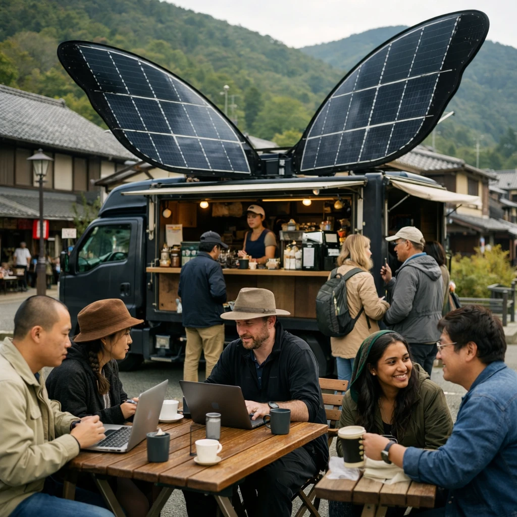 小さな町の広場に蝶の羽根型ソーラーパネルを広げたカフェ号が停車し、ノマドワーカーや地元の人々が集っている様子の写真。