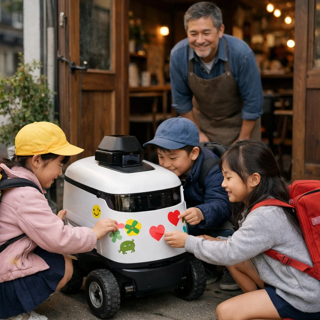 静かな朝のカフェ前で小学生たちが自動配送ロボットに手作りのステッカーを貼っている様子。