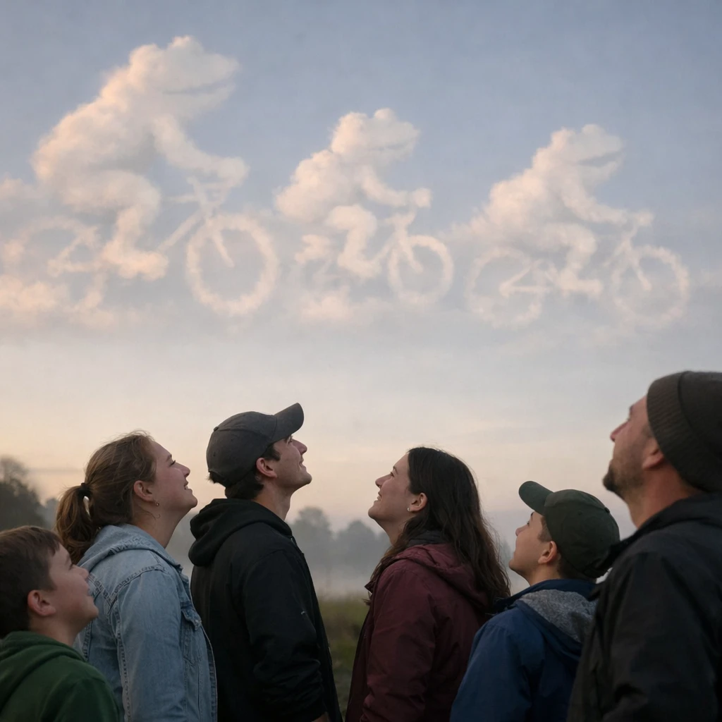 早朝の空を見上げ、雲の形に微かな物語の輪郭を見つけて微笑む数人の人々の写真。