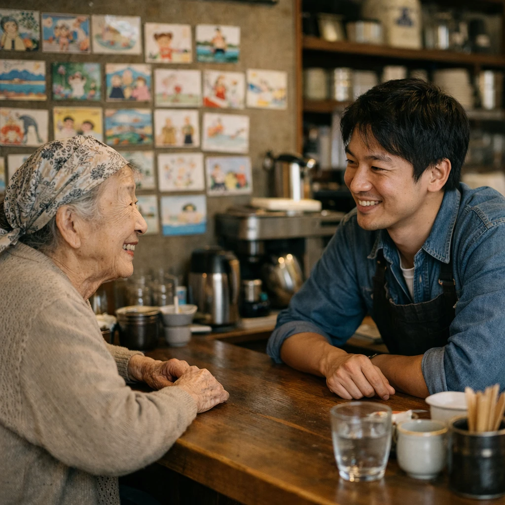 小さな港町のカフェで、年配の女性と若いバリスタがカウンター越しに笑顔で話し、背後の壁には子どもたちのポストカードが飾られている様子。