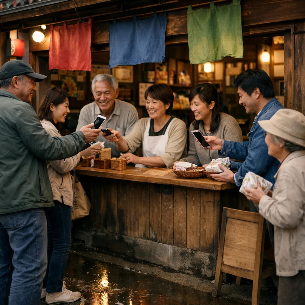 雨上がりの虹色商店街で、暖簾が揺れる和菓子店のカウンターに地域の人々が集まり、仮想通貨のやりとりをしている様子。