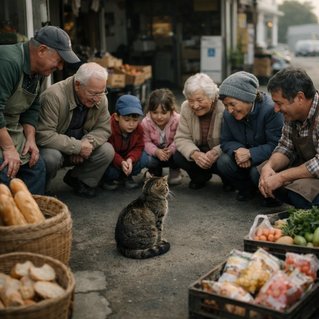 市場の軒先で猫を囲んで輪になって座る大人と子どもたちの温かな朝のひとコマ。
