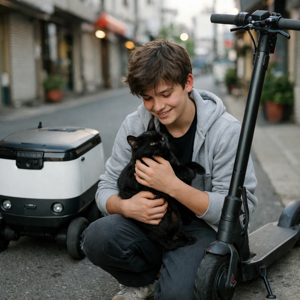商店街近くの朝の路上で、猫をやさしく抱く高校生と配達ロボット、電動キックボードが並ぶ様子。