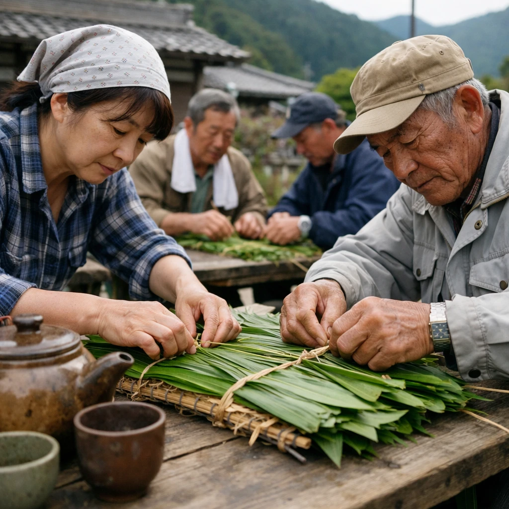 浅田町の住民たちが屋外のテーブルで寄せ葉を使った修復マットを共同で作っている様子の写真。