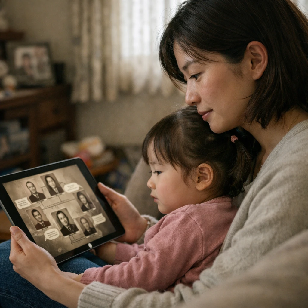 若い母親が幼い娘を膝に乗せて、家族の写真やおもちゃがある温かなリビングで、家系図アプリを入れたタブレットを感慨深げに見つめている様子。