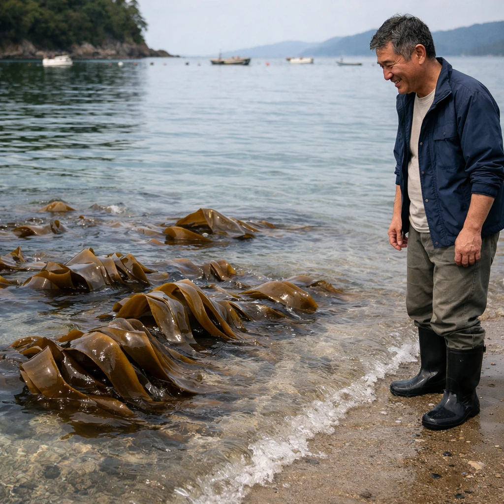 潮だまりで踊るように揺れる新種のコンブを浜辺で微笑みながら見守る中年男性の情景。