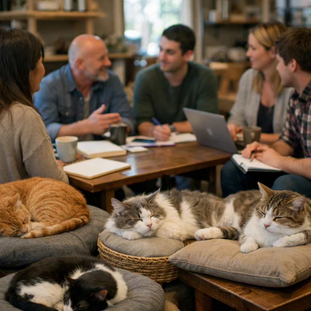 猫がくつろぐカフェの店内で、大人や学生たちが穏やかに会話している様子の実写写真。