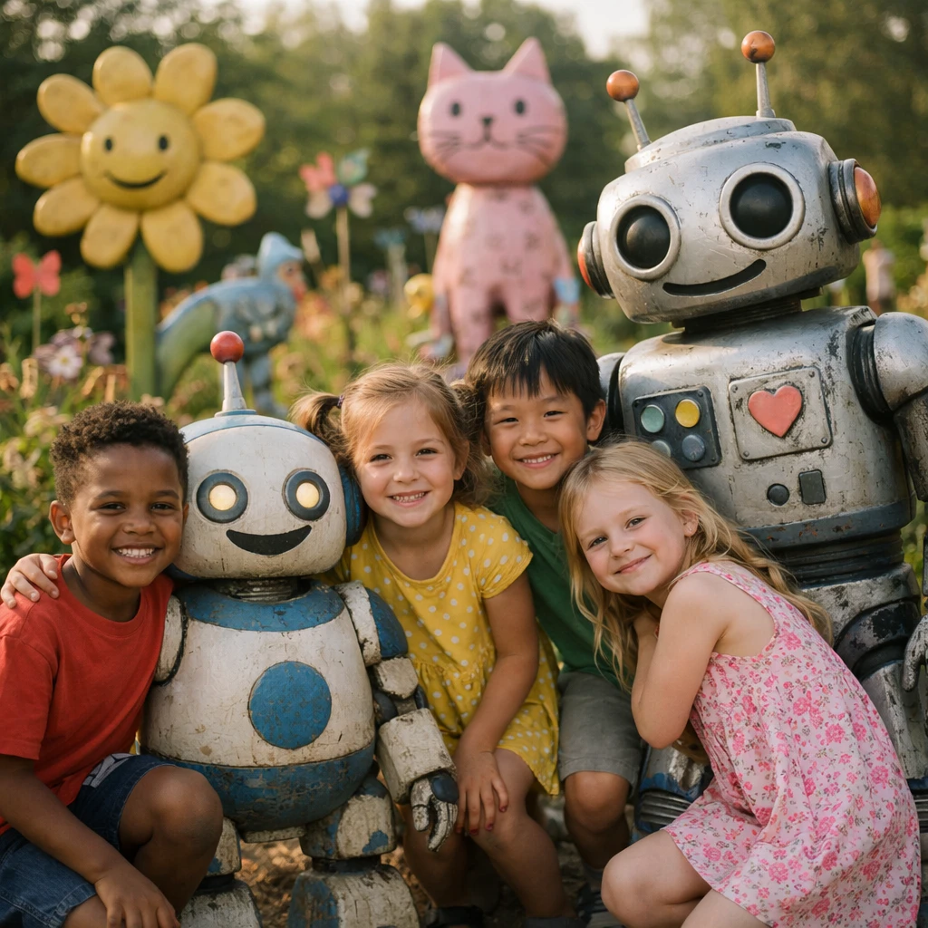 子どもたちとロボットがカラフルなオブジェが並ぶ庭園で一緒に笑っている様子の写真。