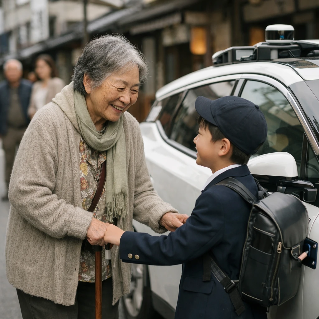 北国の商店街で自動運転車の前に立つ高齢女性と小学生の男の子が笑顔で会話しながら駐車を試みている様子。
