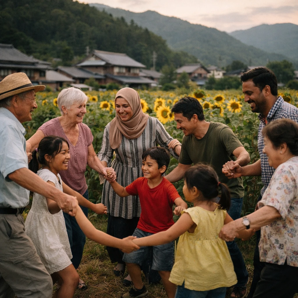 夕暮れのヒマワリ畑で手をつなぎ輪になって踊る多世代・多国籍の村人たちの様子。