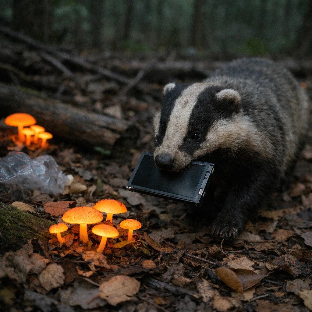 夕暮れの森で、オレンジ色に光るキノコと廃棄物をくわえるアナグマが写っている写真。