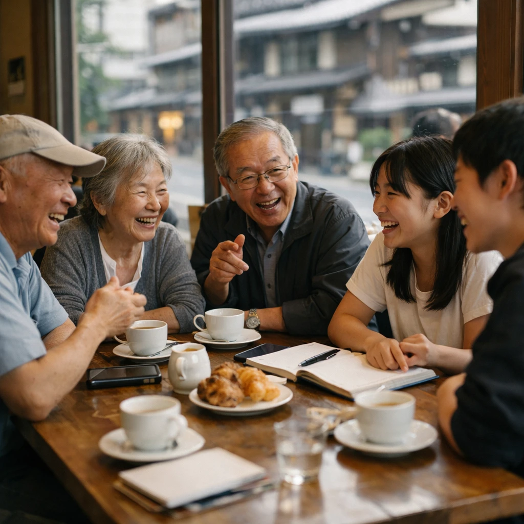 加賀野市の喫茶店で若者と高齢者が一緒にテーブルを囲み、楽しそうに意見を交わしている様子の写真。
