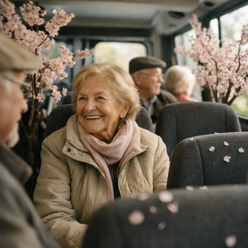 車内に桜の鉢植えが並び、高齢の女性が微笑みながら座っているシャトルバスの写真。