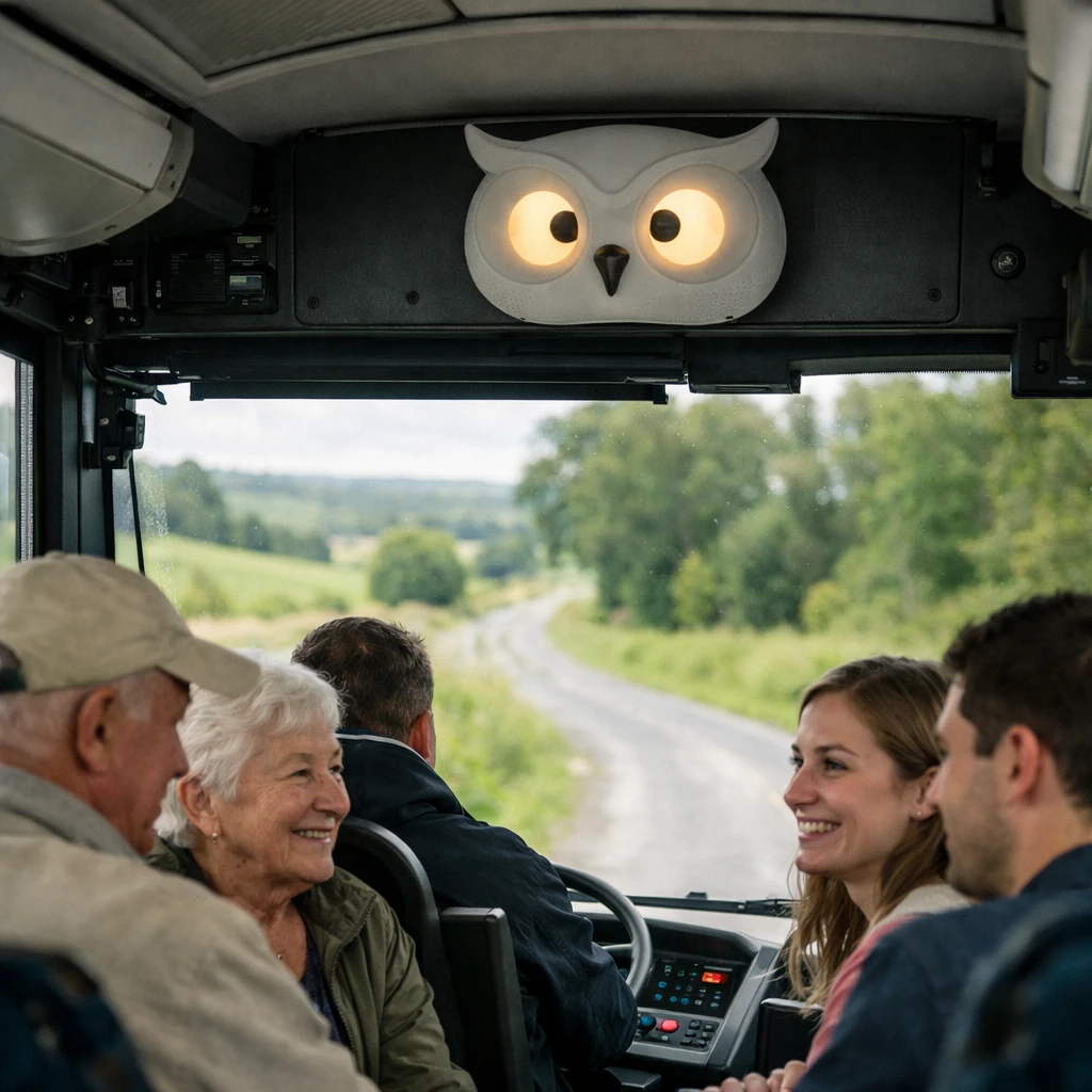 フクロウ型AI端末が設置された電動バスの前方車内で、乗客たちが笑顔で語り合う様子。