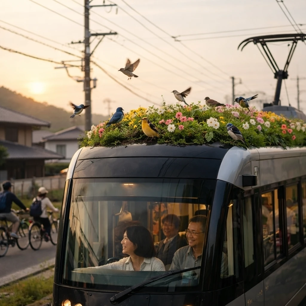 朝焼けの中、花が咲くトラムの屋根に小鳥が集まり、乗客やサイクリストが笑顔で過ごす郊外の情景。