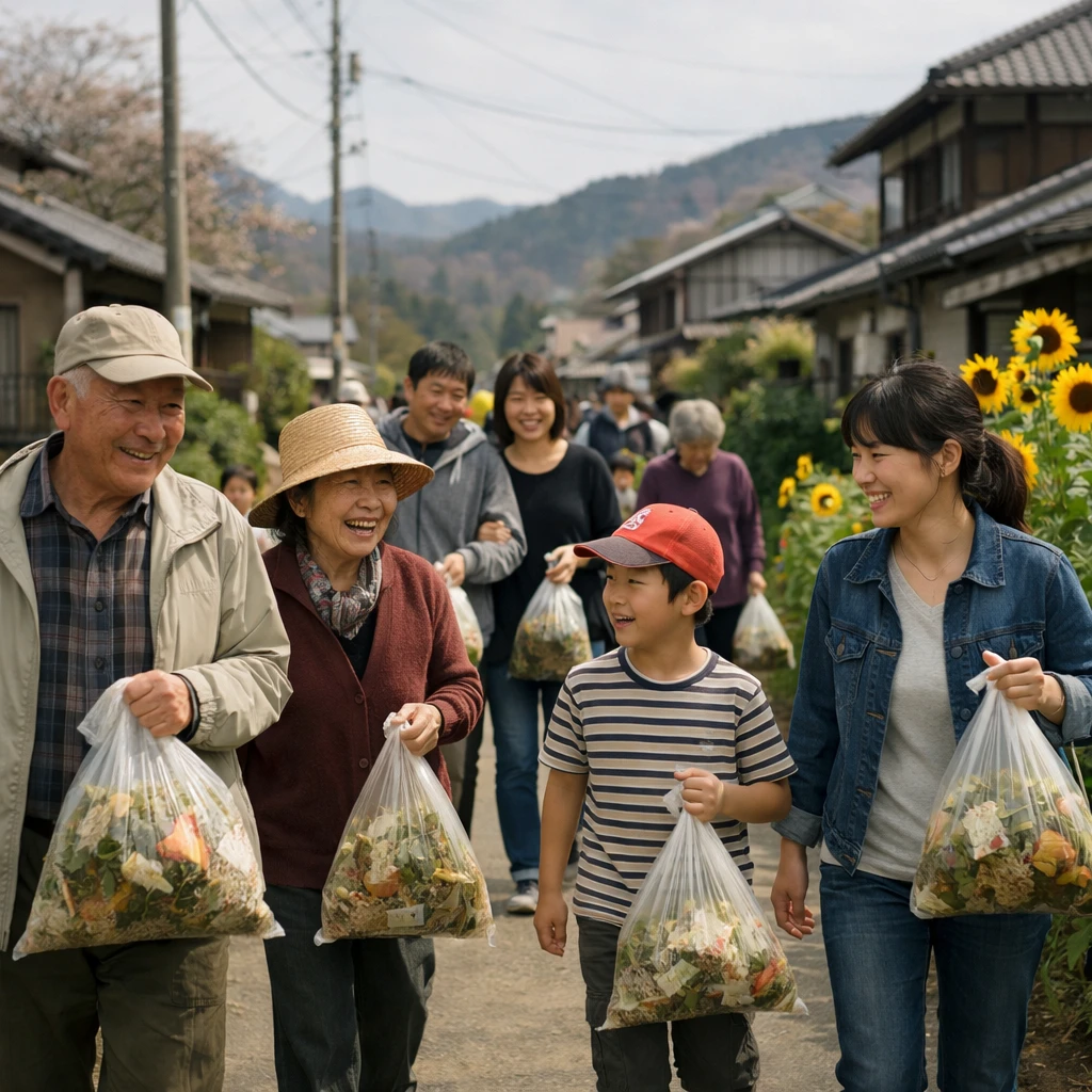 ひまわりが咲き誇る村の通りで、住民たちがエコバッグを手に笑顔で交流する春の風景。