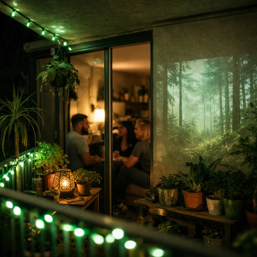 夜のマンションのベランダに緑色のライトが灯り、観葉植物や森の映像が壁に映し出されている様子。