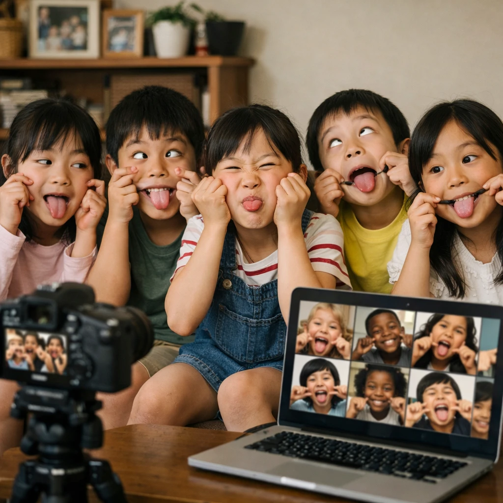 日本の小学生5人がリビングでカメラに向かって変顔をし、隣のノートパソコンの画面に世界中の子どもが同じ表情をしている様子の写真。
