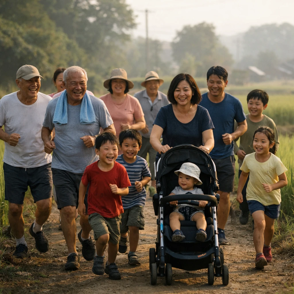 朝の田畑沿いの道を三世代の村人たちが笑顔で走ったり歩いたりする様子の写真。