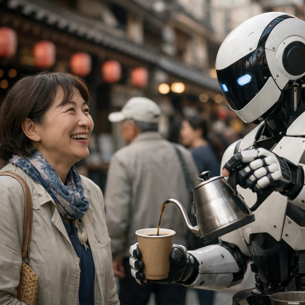 日本の商店街入り口でAIバリスタロボットからコーヒーを受け取る中年女性の様子を捉えた写真。