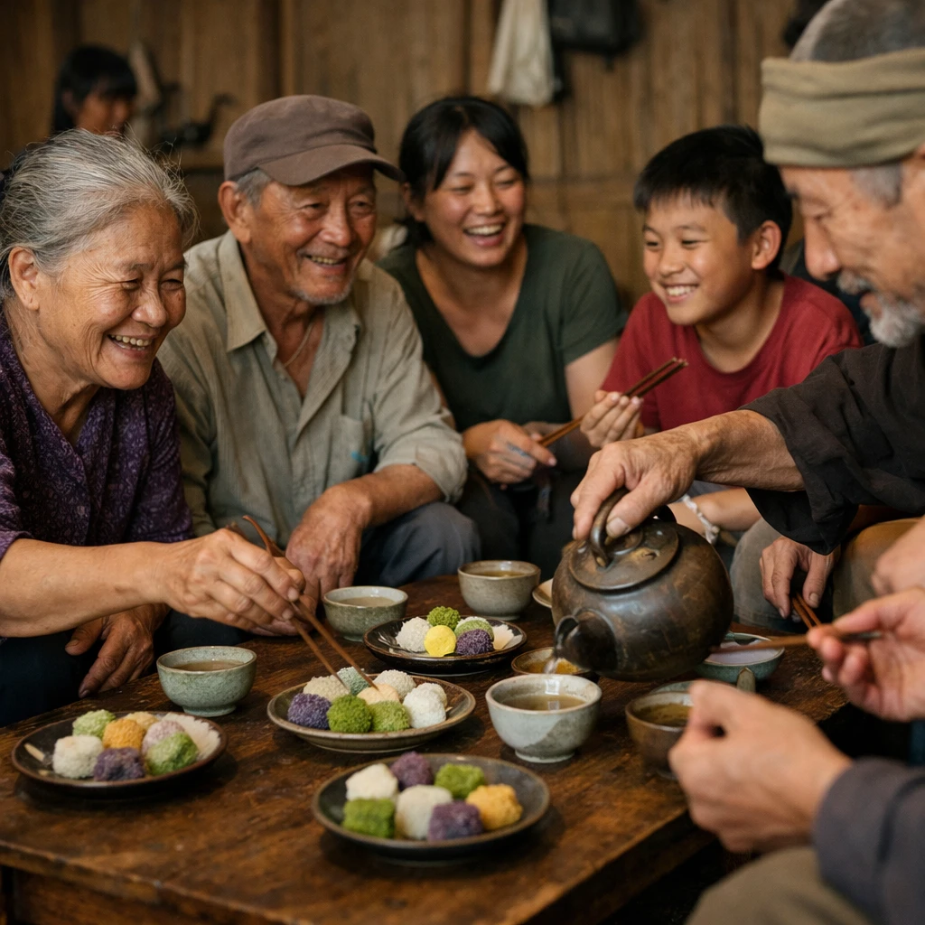 地域の集会所で子どもからお年寄りまでがテーブルを囲み、カラフルなスイーツとお茶を箸で楽しみながら笑顔を交わしている写真。