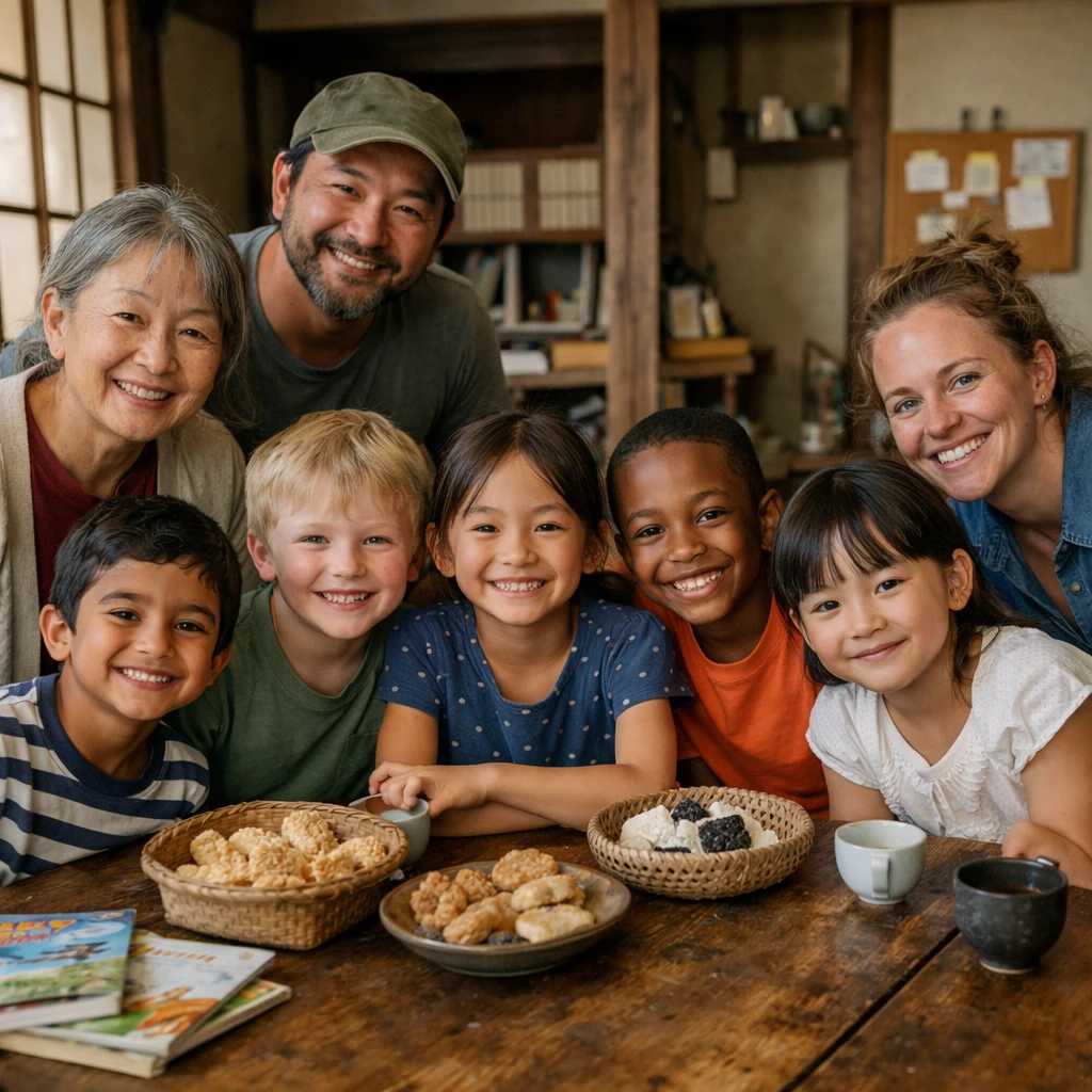 古民家の食卓を囲んでさまざまな子どもと大人が笑顔を見せている様子の写真。